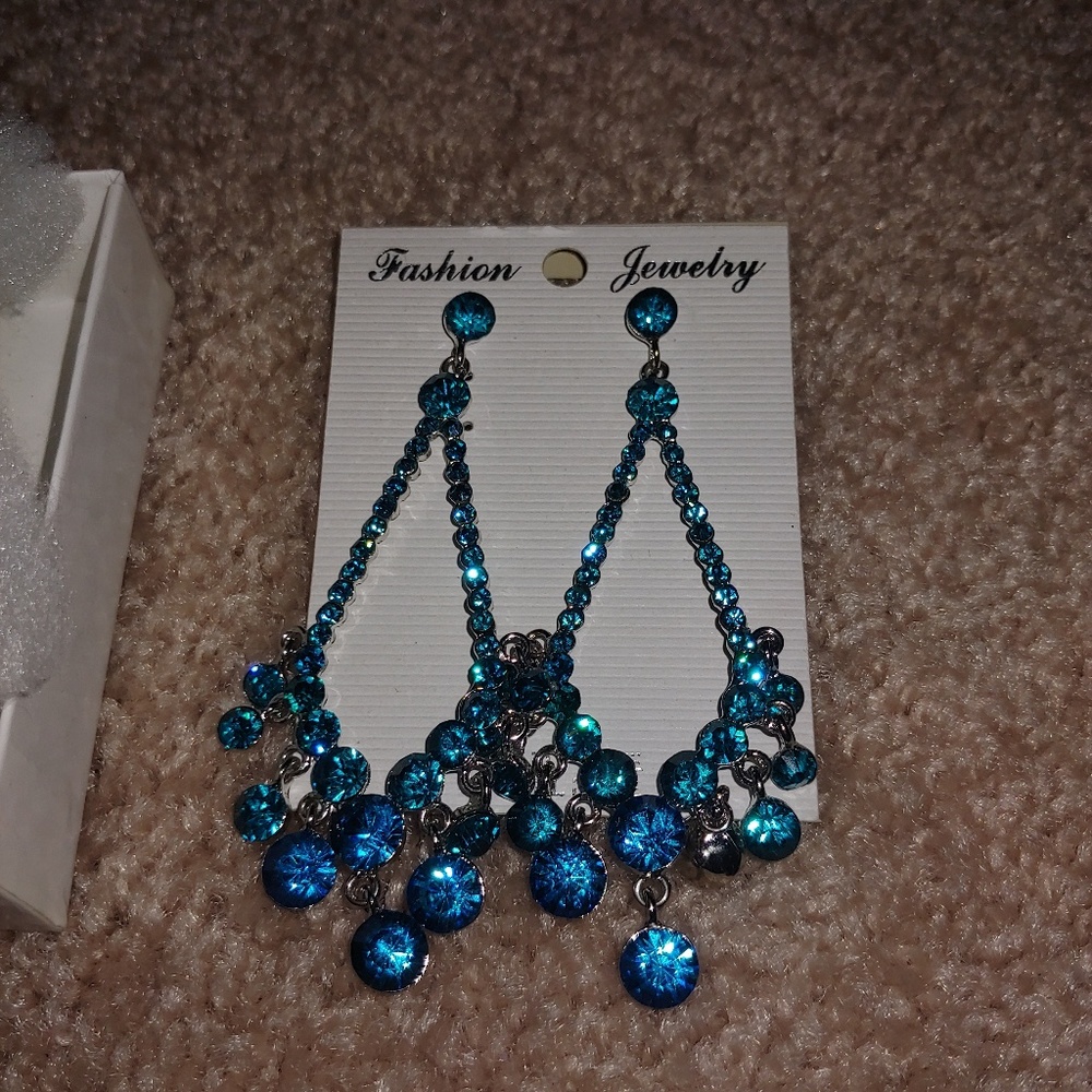 Teal dangly chandelier earrings